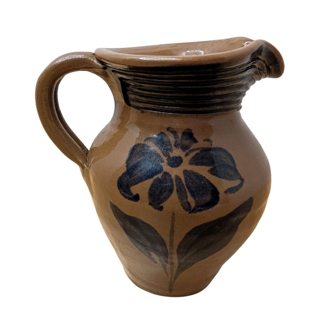 Vintage Williamsburg Pottery Stoneware Pitcher - Brown Black Floral 2002